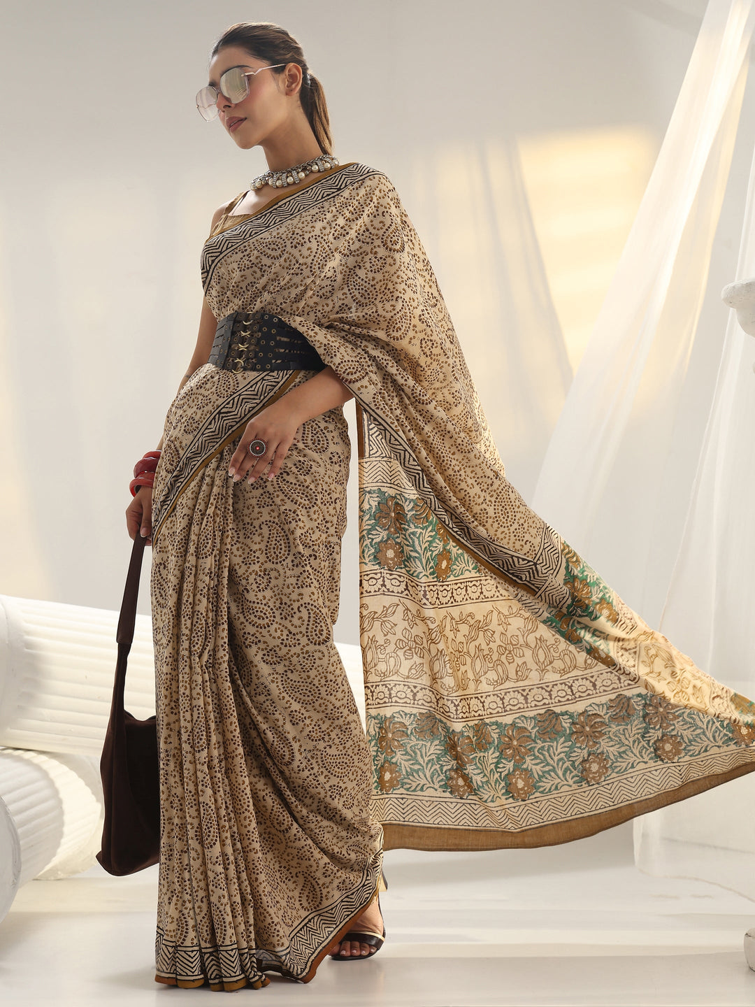 Beige Dabu Print Cotton Saree