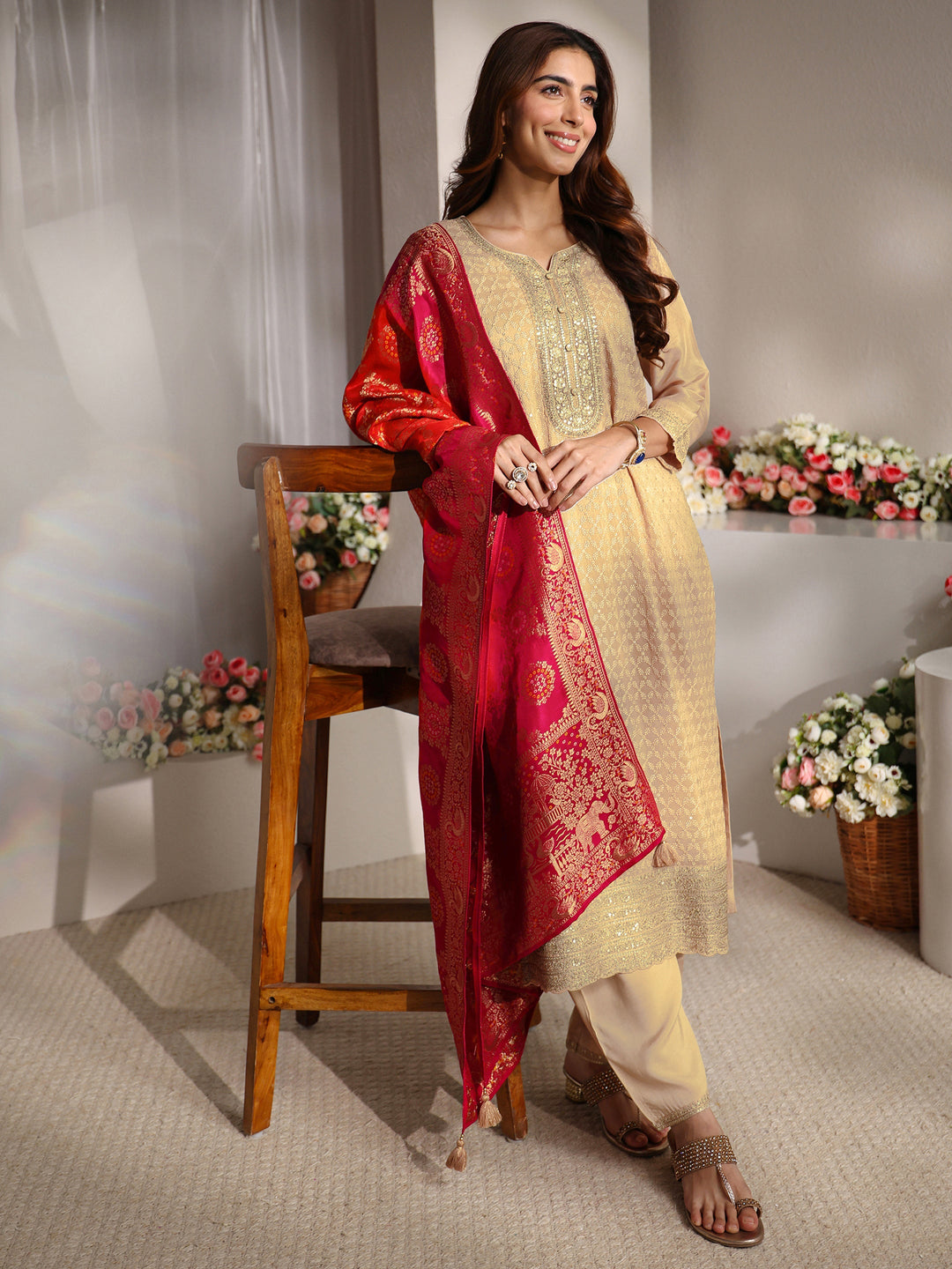 Beige Embellished Silk Blend Straight Suit Set With Dupatta