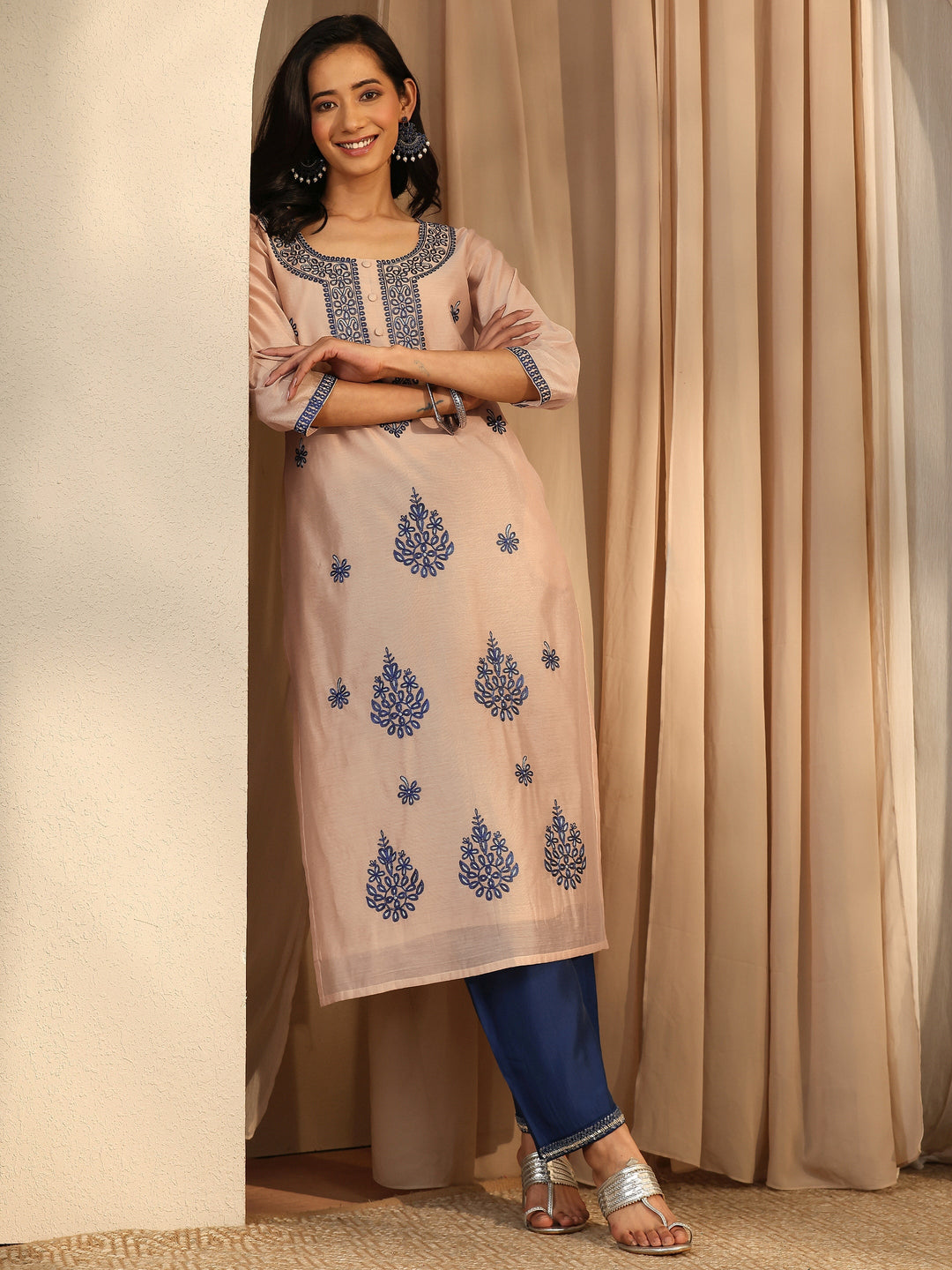 Beige Embroidered Chanderi Silk Straight Kurta