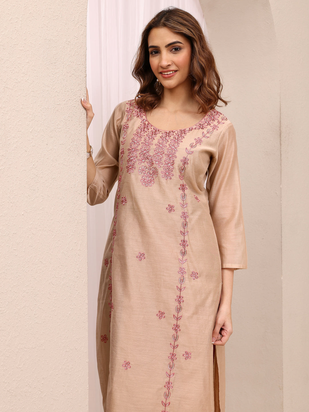 Beige Embroidered Chanderi Silk Straight Kurta