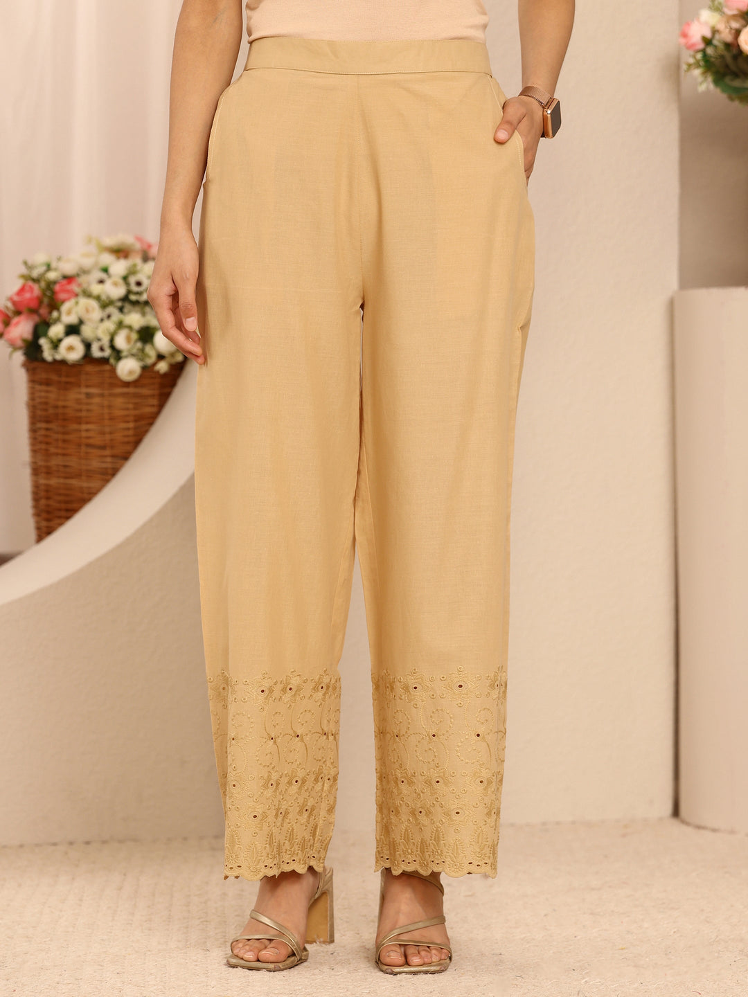Beige Embroidered Cotton Palazzos