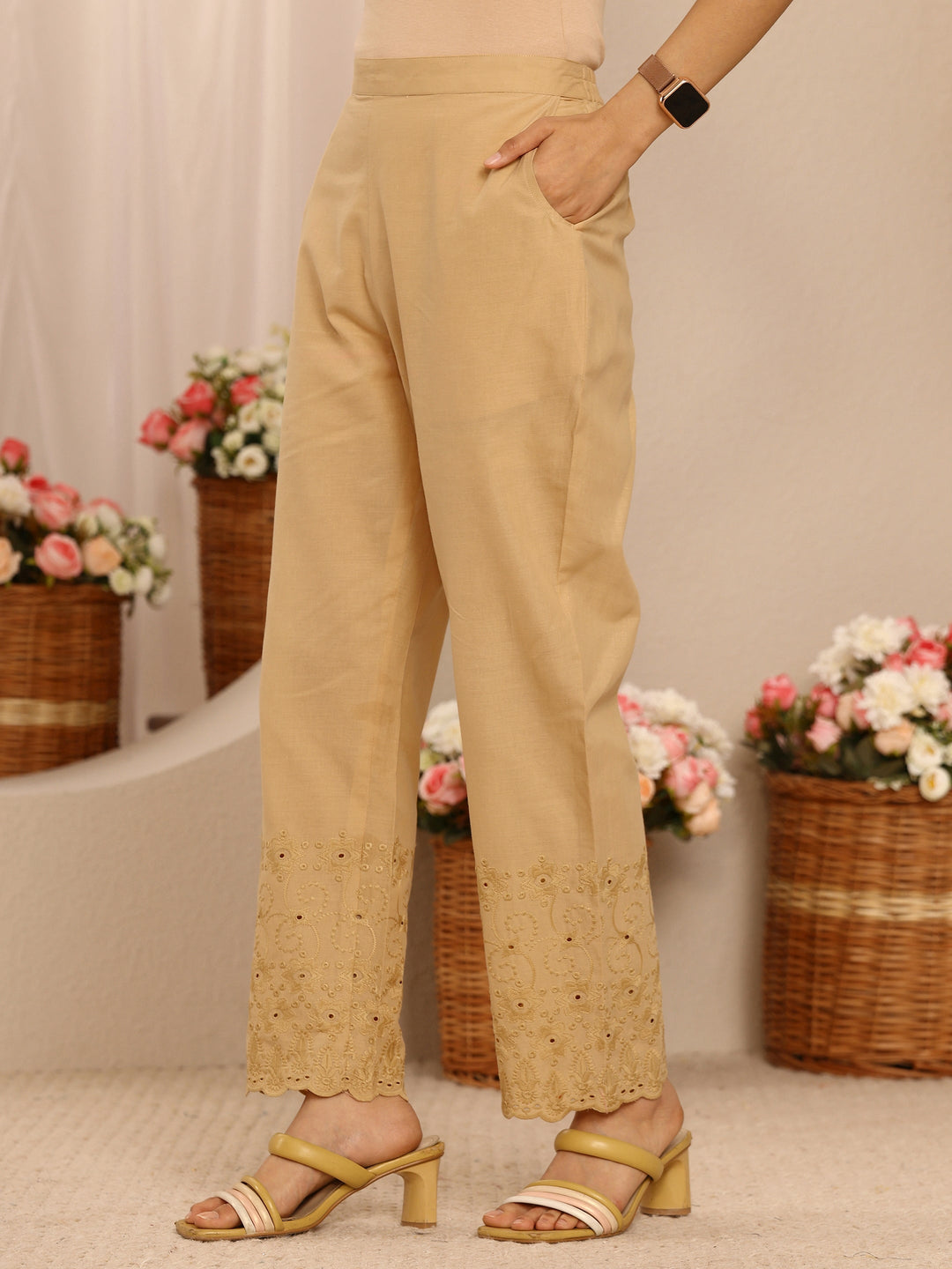 Beige Embroidered Cotton Palazzos