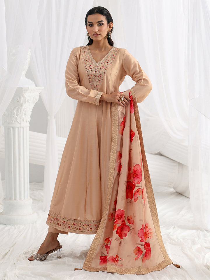 Beige Embroidered Silk Blend A-Line Suit Set With Dupatta