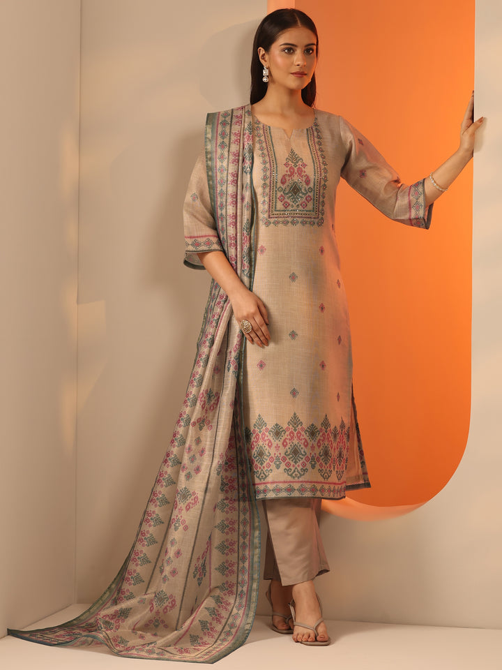 Beige Embroidered Silk Blend Straight Suit Set With Dupatta