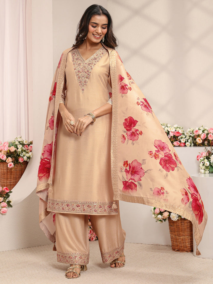 Beige Embroidered Silk Blend Straight Suit Set With Printed Dupatta