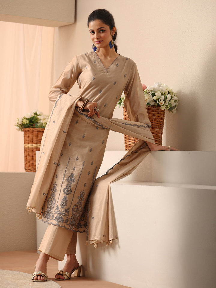 Beige Ethnic Embroidered Chanderi Silk Straight Suit Set