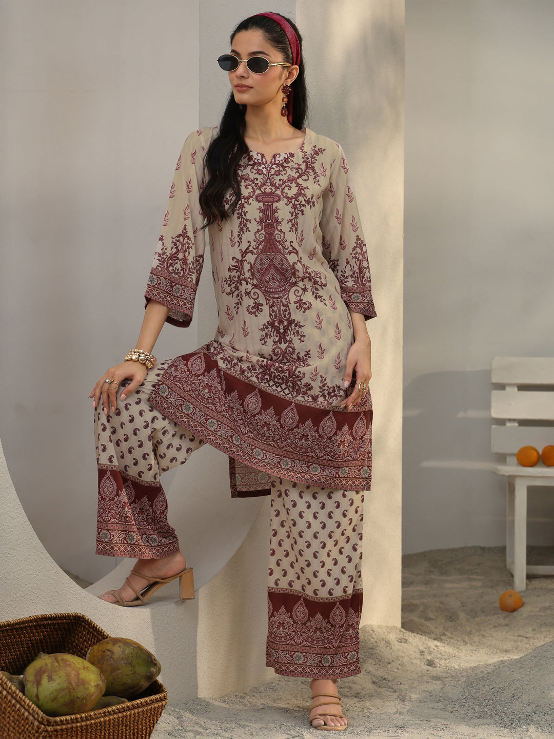 Beige Ethnic Printed Cotton Blend Co-Ord Set