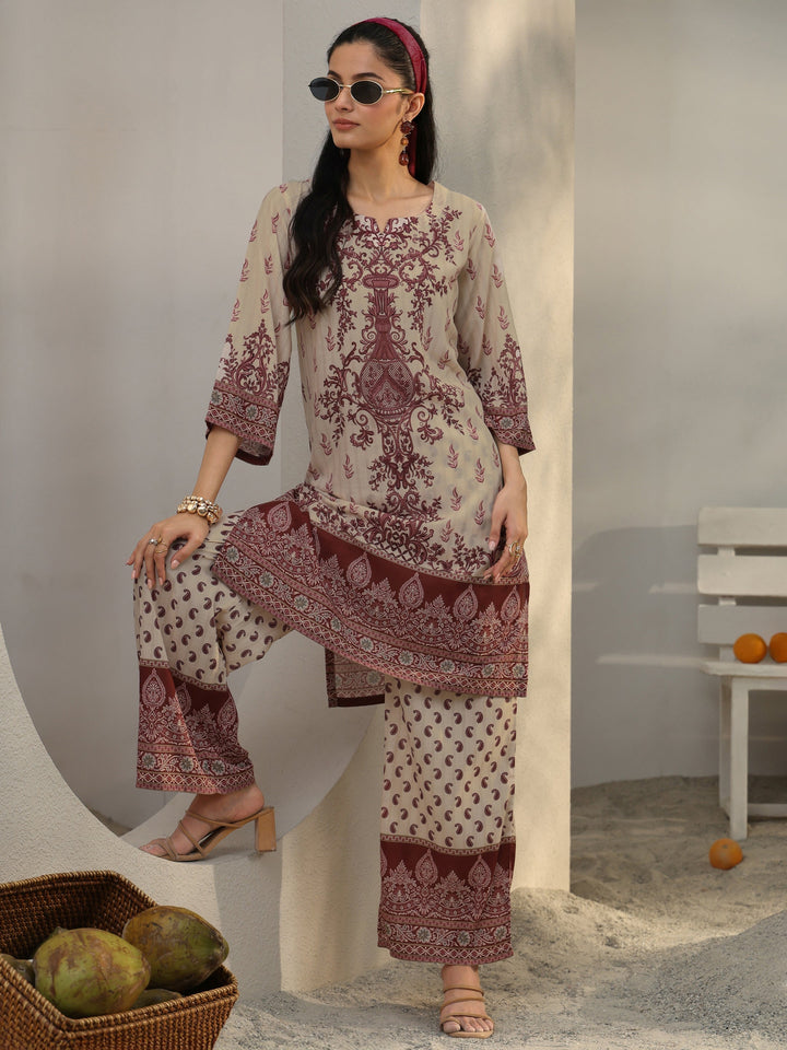 Beige Ethnic Printed Cotton Blend Co-Ord Set