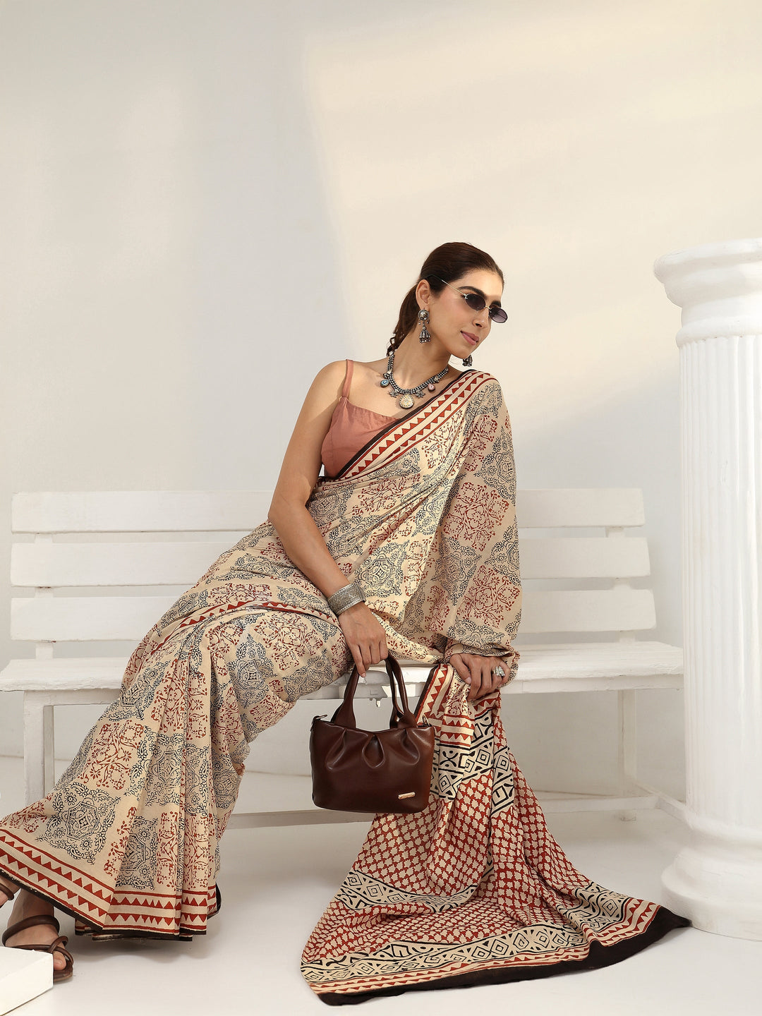 Beige Ethnic Bagru Print Cotton Saree