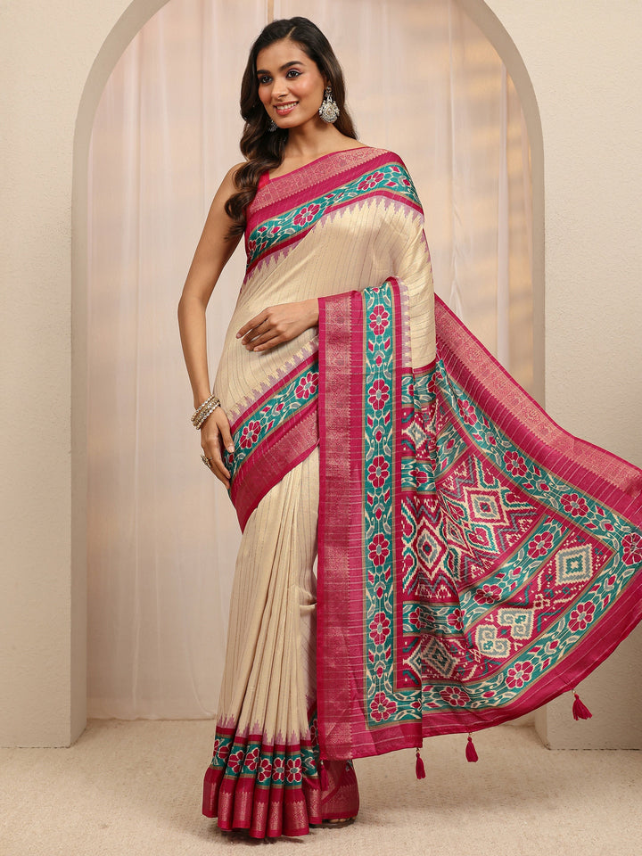 Beige Ethnic Printed Silk Blend Saree 
With Unstitched Blouse Piece