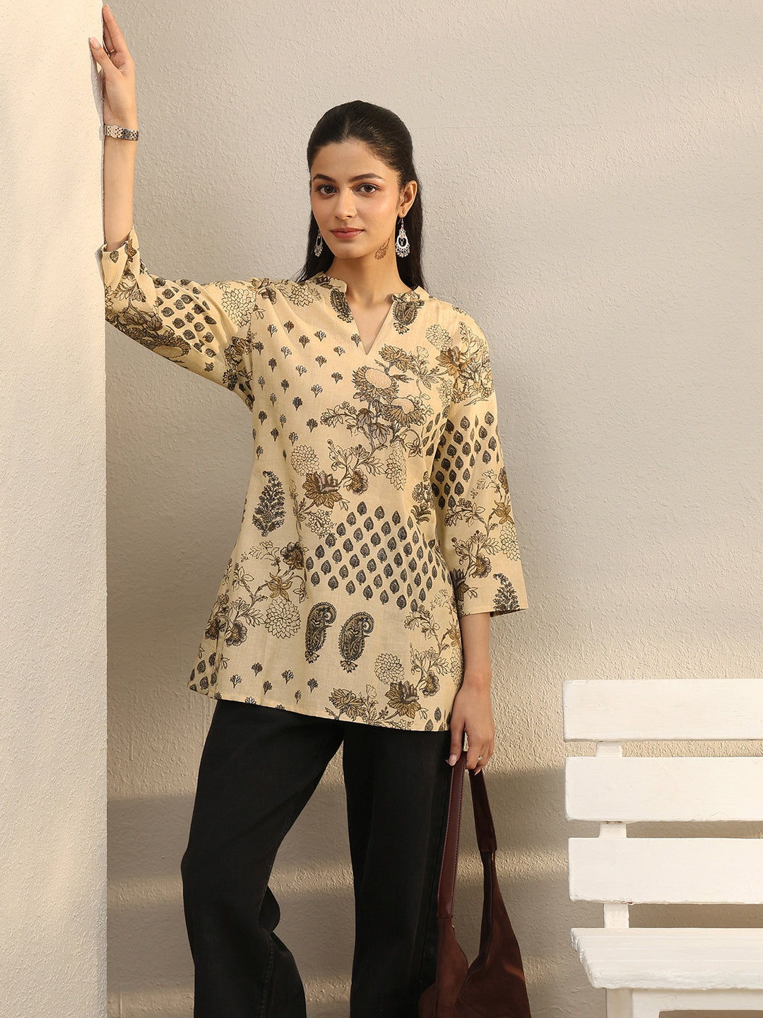 Beige Ethnic Printed Silk Blend Straight Short Kurti