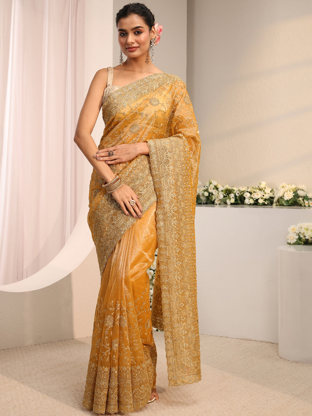Beige Floral Embellished Net Saree With Unstitched Blouse Piece