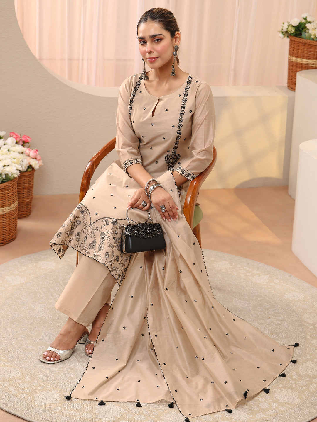 Beige Floral Embroidered Chanderi Silk Straight Suit Set
