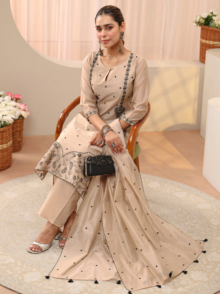 Beige Floral Embroidered Chanderi Silk Straight Suit Set