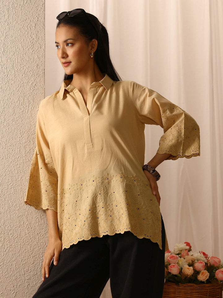 Beige Floral Embroidered Cotton Blend Straight Short Kurti