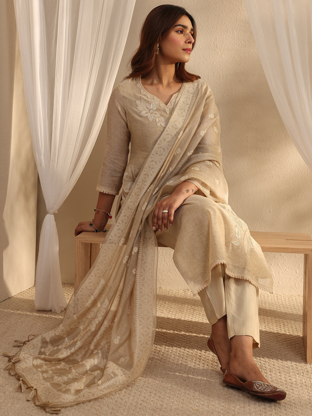 Beige Floral Embroidered Cotton Blend Straight Suit Set With Dupatta