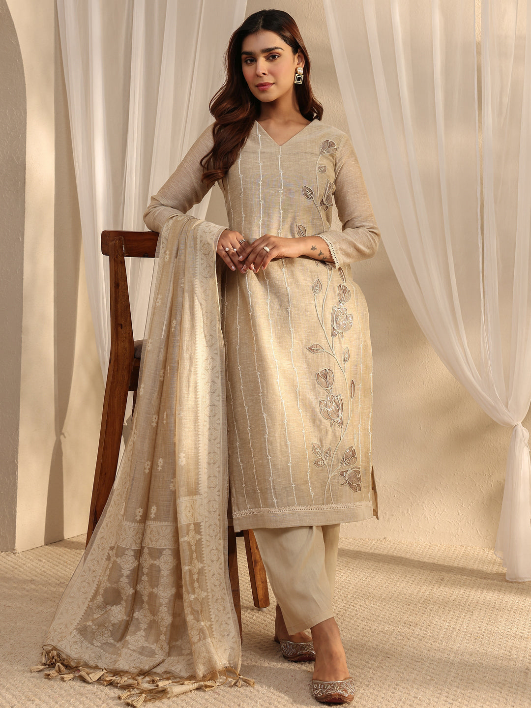Beige Floral Embroidered Cotton Blend Straight Suit Set With Dupatta