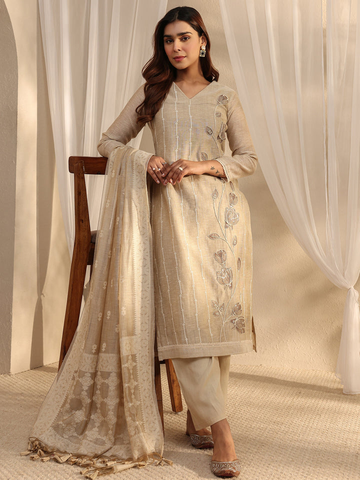 Beige Floral Embroidered Cotton Blend Straight Suit Set With Dupatta