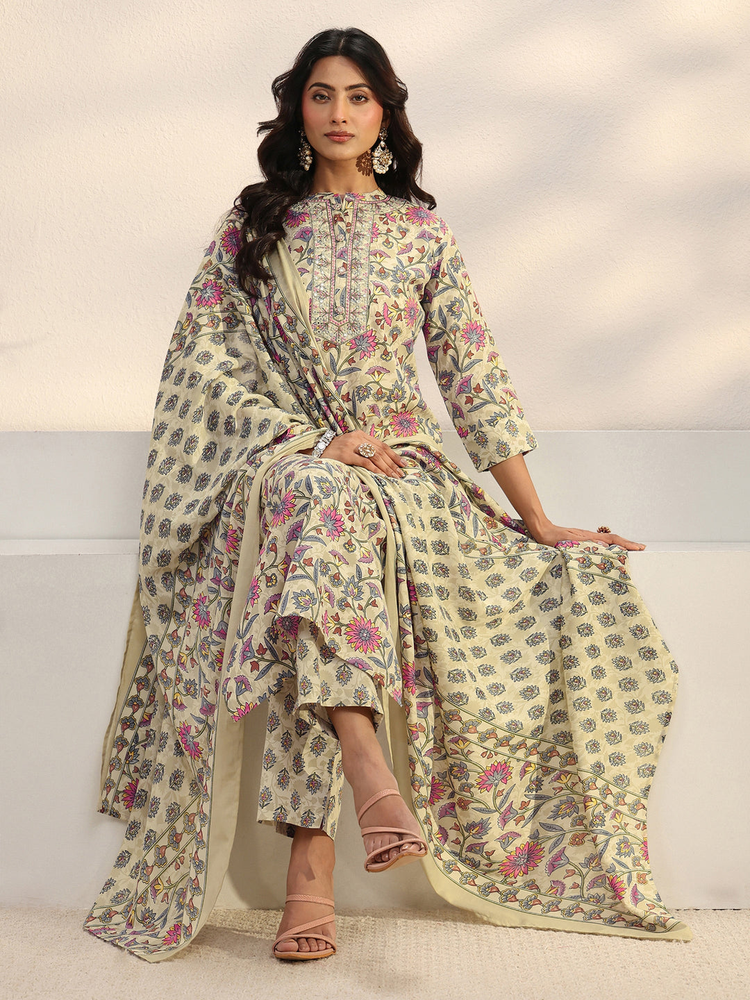 Beige Floral Printed Cotton Blend Straight Suit Set With Dupatta