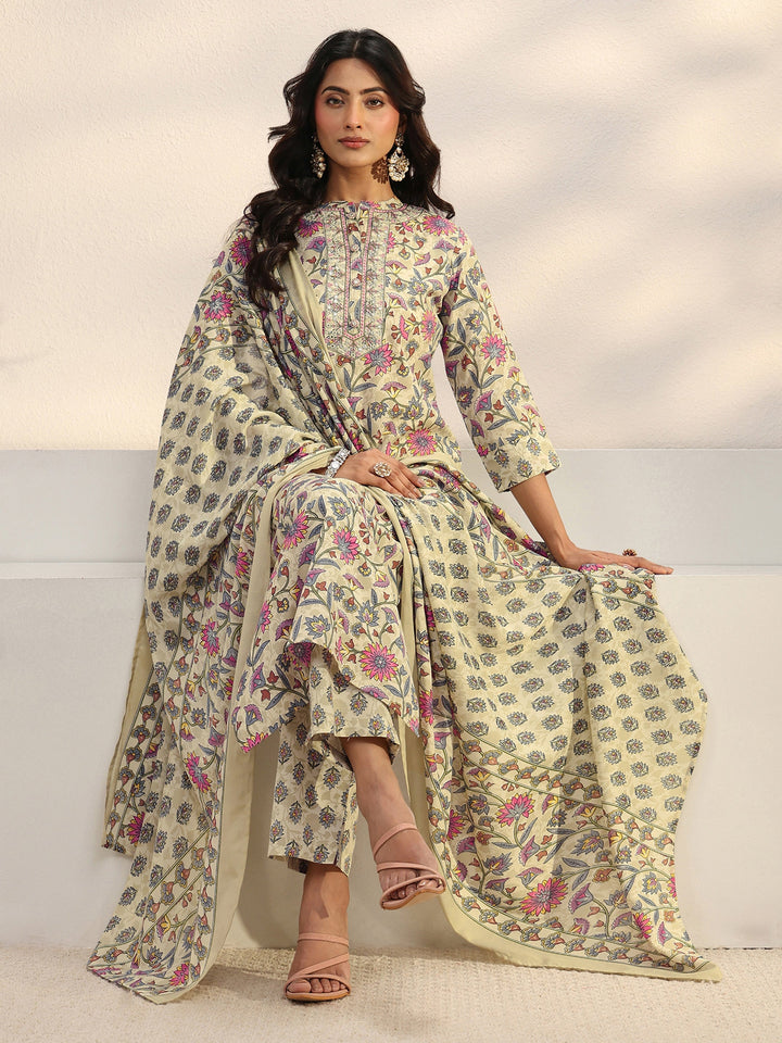Beige Floral Printed Cotton Blend Straight Suit Set With Dupatta