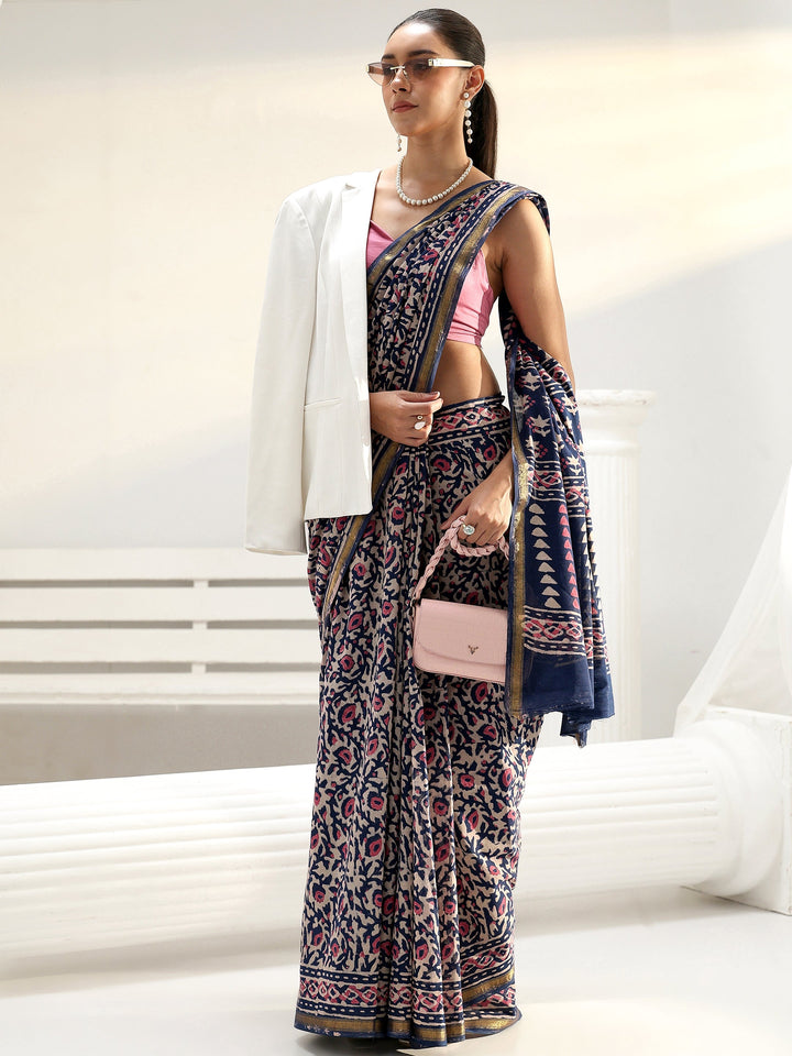 Beige Floral Printed Cotton Saree