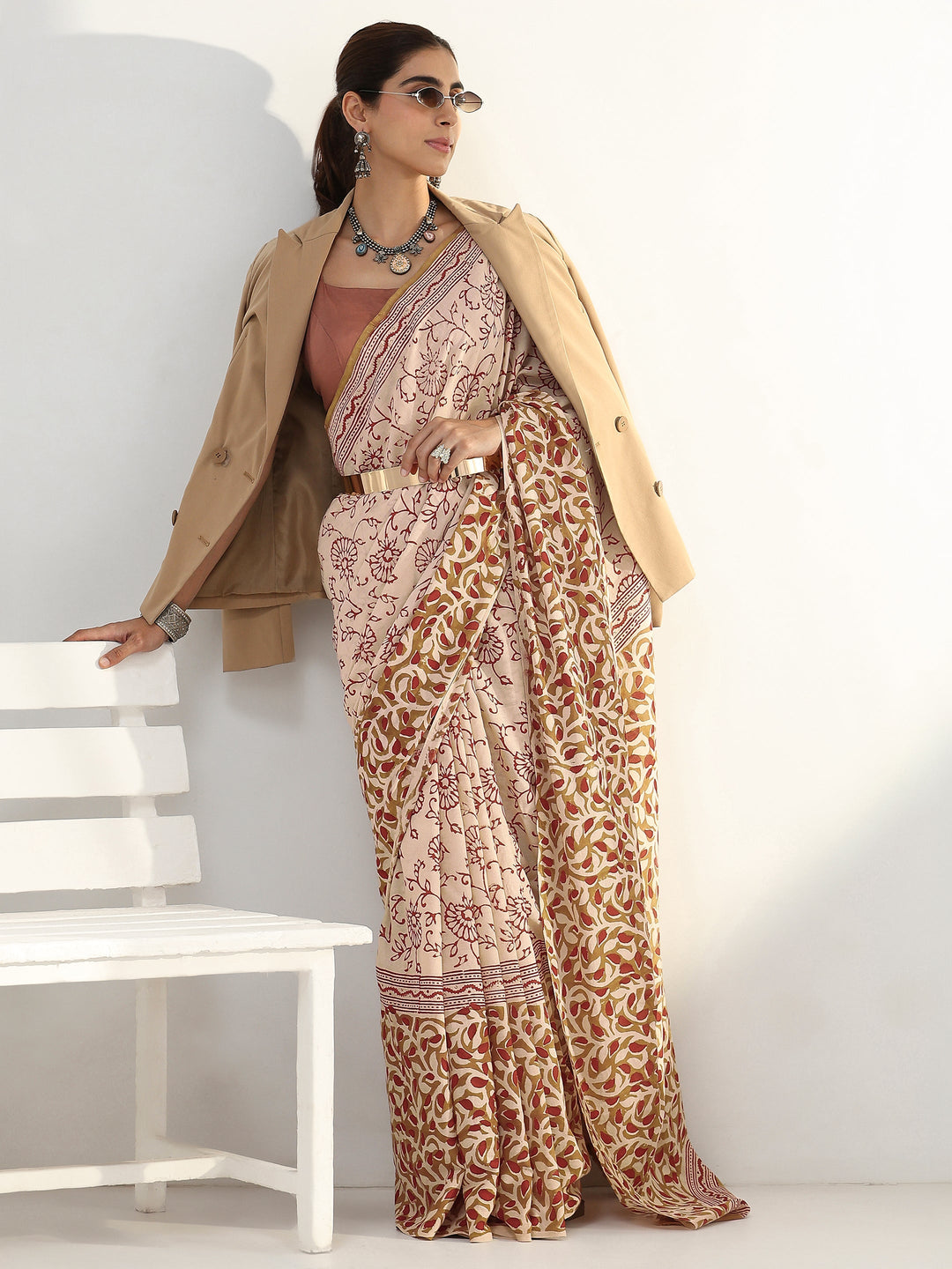 Beige Floral Bagru Print Cotton Saree
