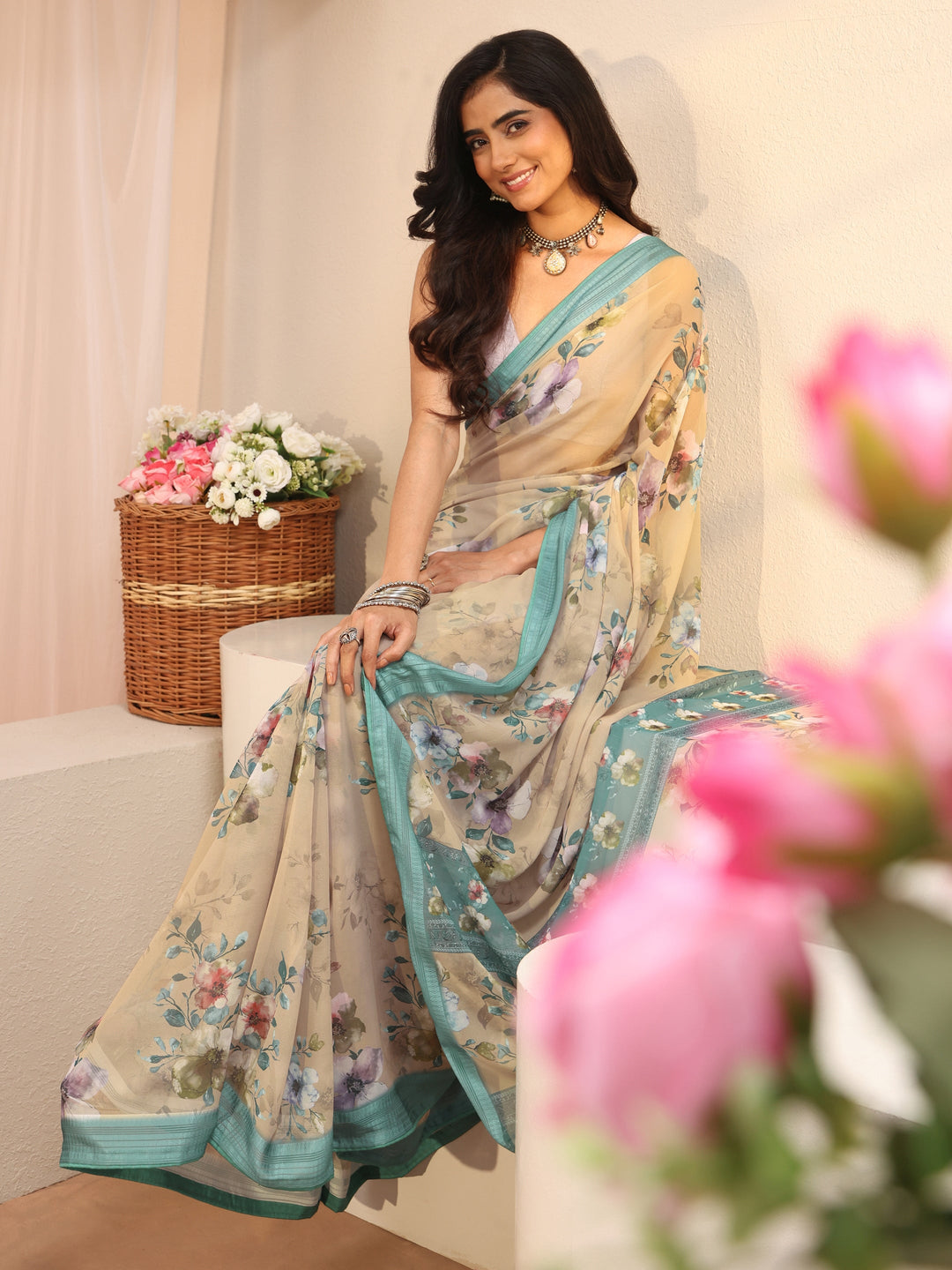 Beige Floral Printed Georgette Saree