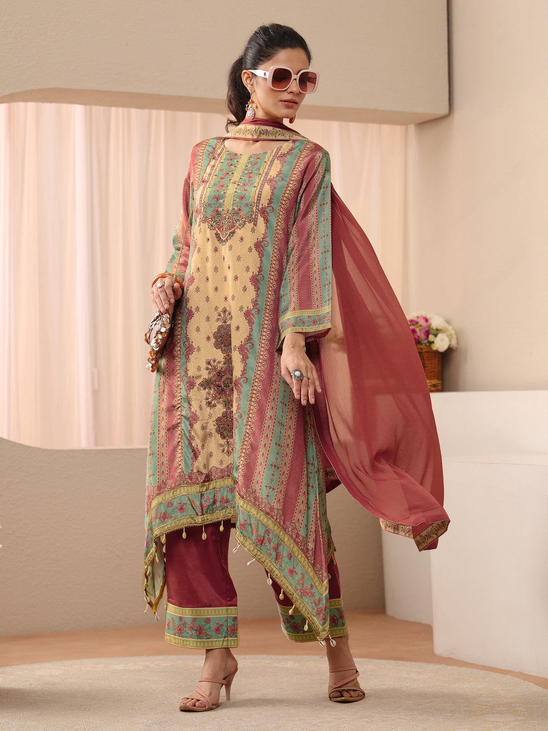 Beige Floral Printed Muslin A-Line Suit Set