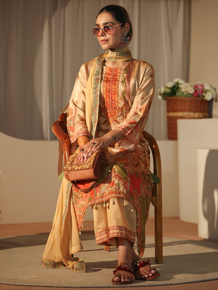 Beige Floral Printed Muslin A-Line Suit Set