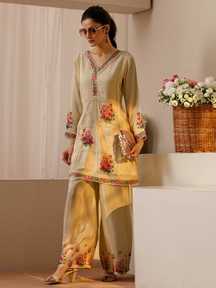Beige Floral Printed Muslin Co-Ord Set