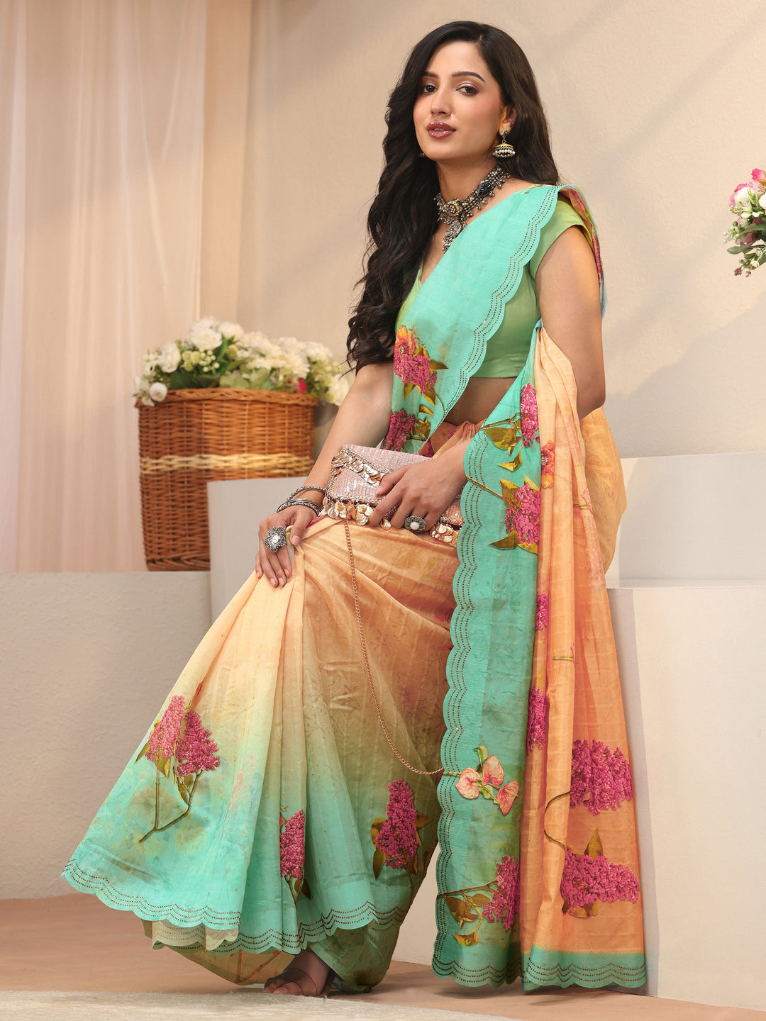 Beige Floral Printed Organza Saree