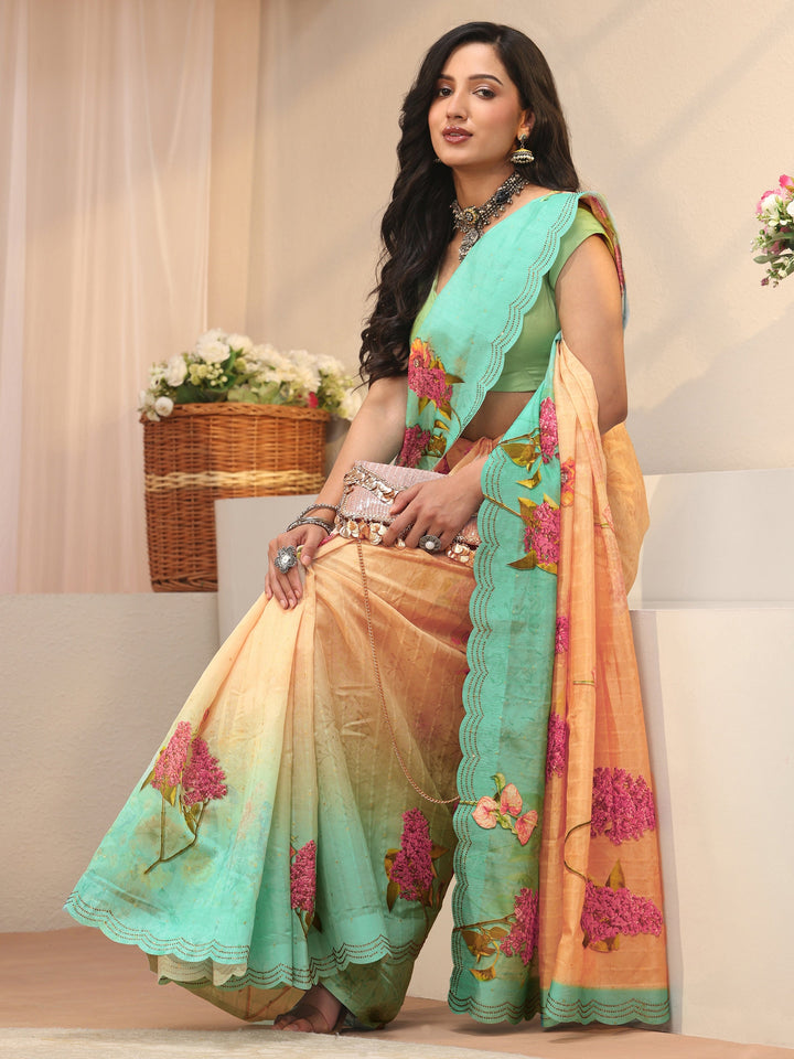 Beige Floral Printed Organza Saree
