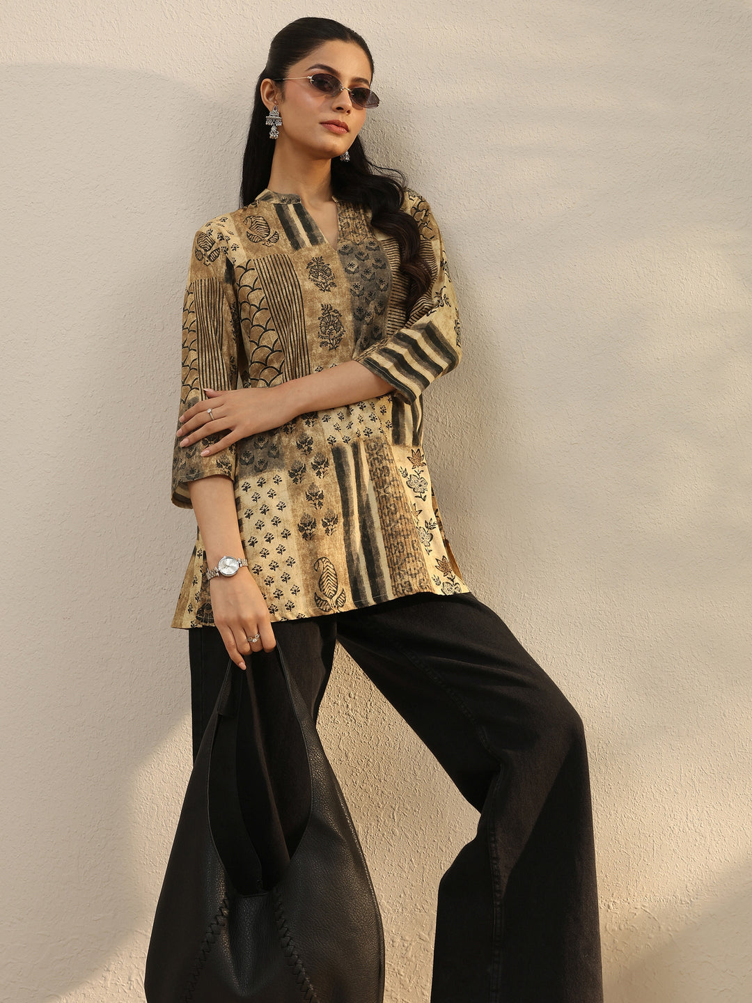 Beige Multi Printed Silk Blend Straight Short Kurti