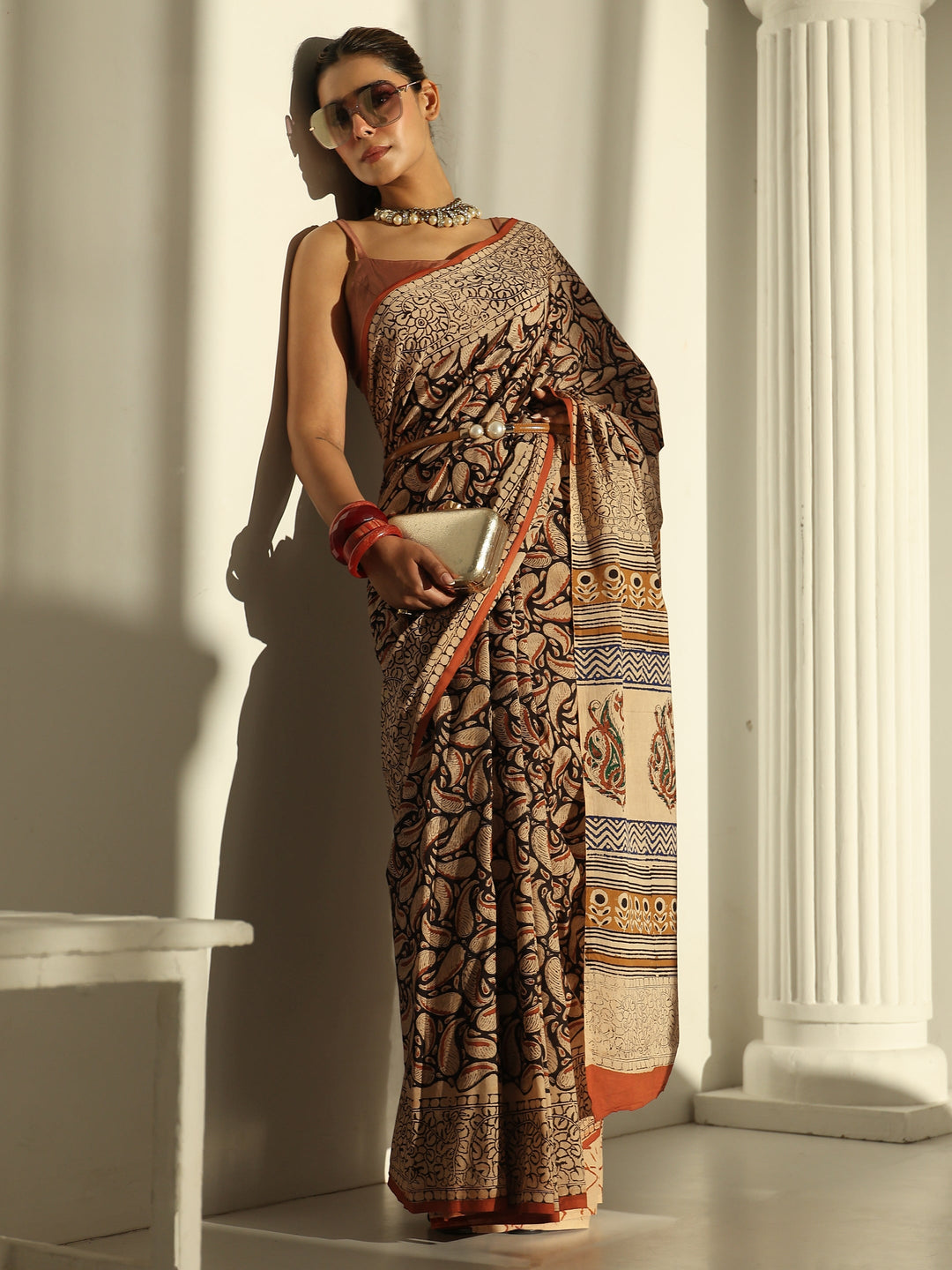 Beige Paisley Printed Cotton Saree