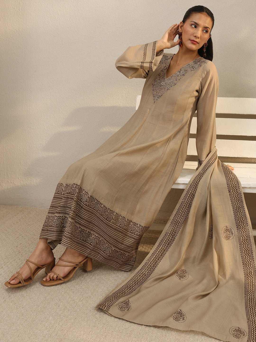 Beige Printed Chanderi Silk A-Line Suit Set
