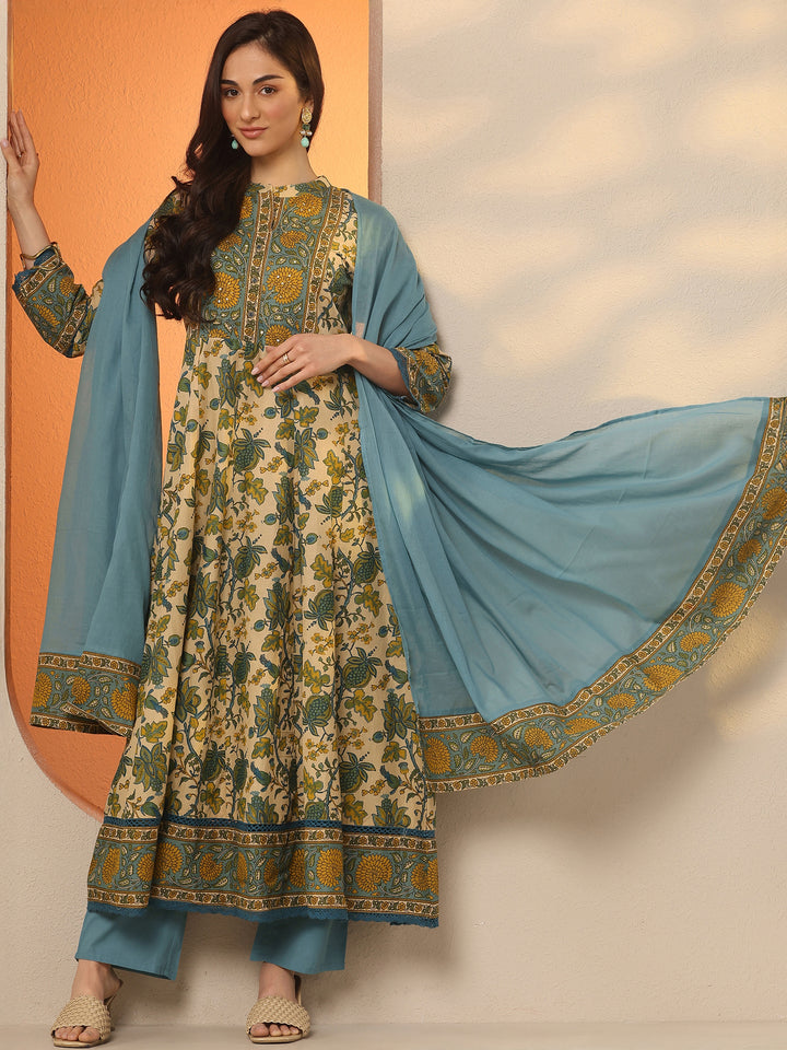 Beige Printed Cotton Anarkali Suit Set With Dupatta