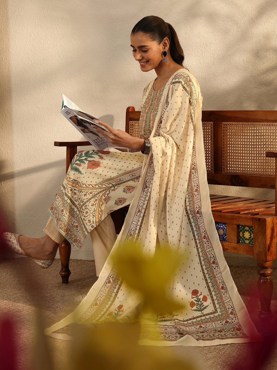Beige Printed Cotton Blend Straight Suit Set With Dupatta