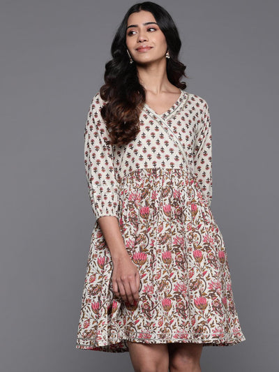 Beige Printed Cotton Fit and Flare Dress - ShopLibas