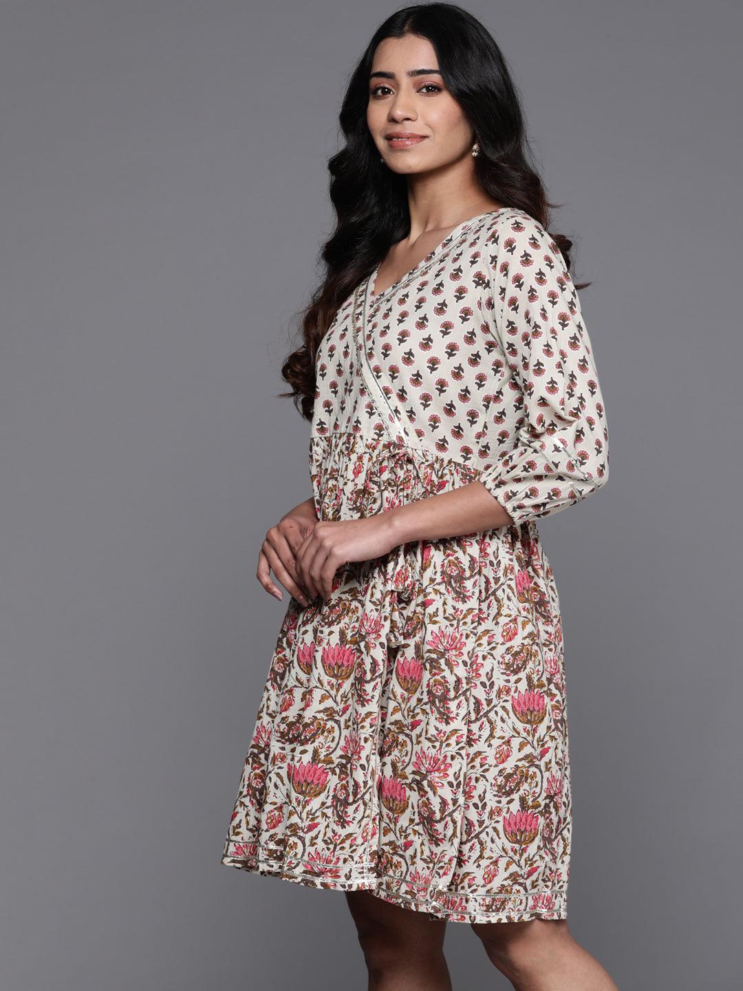 Beige Printed Cotton Fit and Flare Dress - ShopLibas