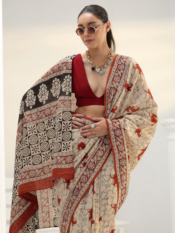 Beige Quirky Bagru Print Cotton Saree