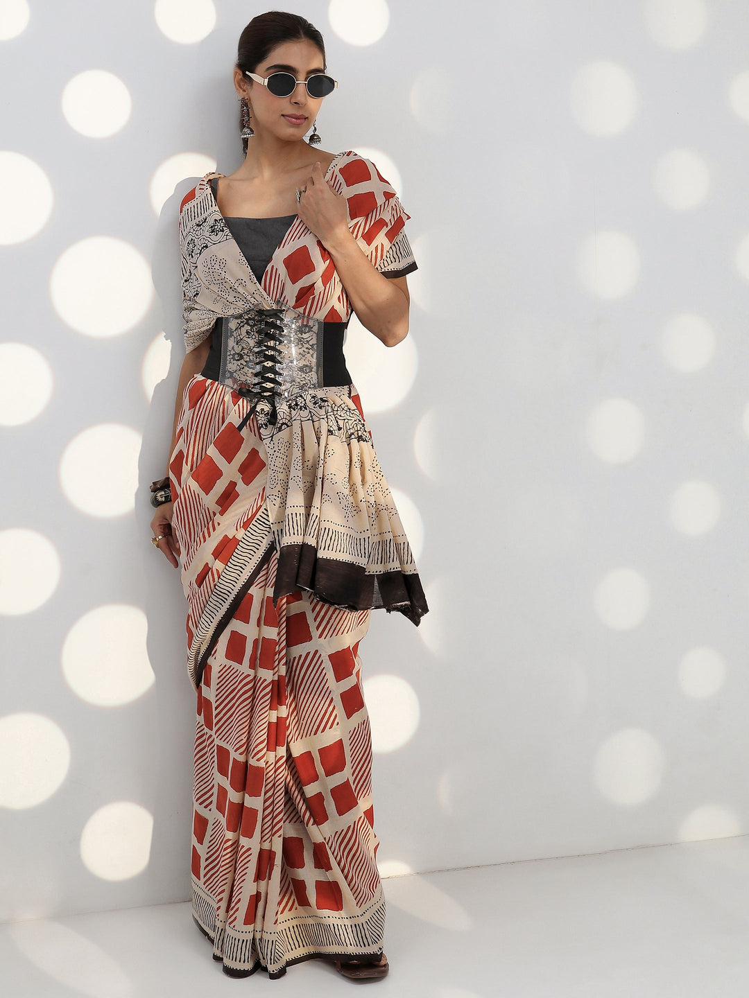 Beige Geometric Bagru Print Cotton Saree