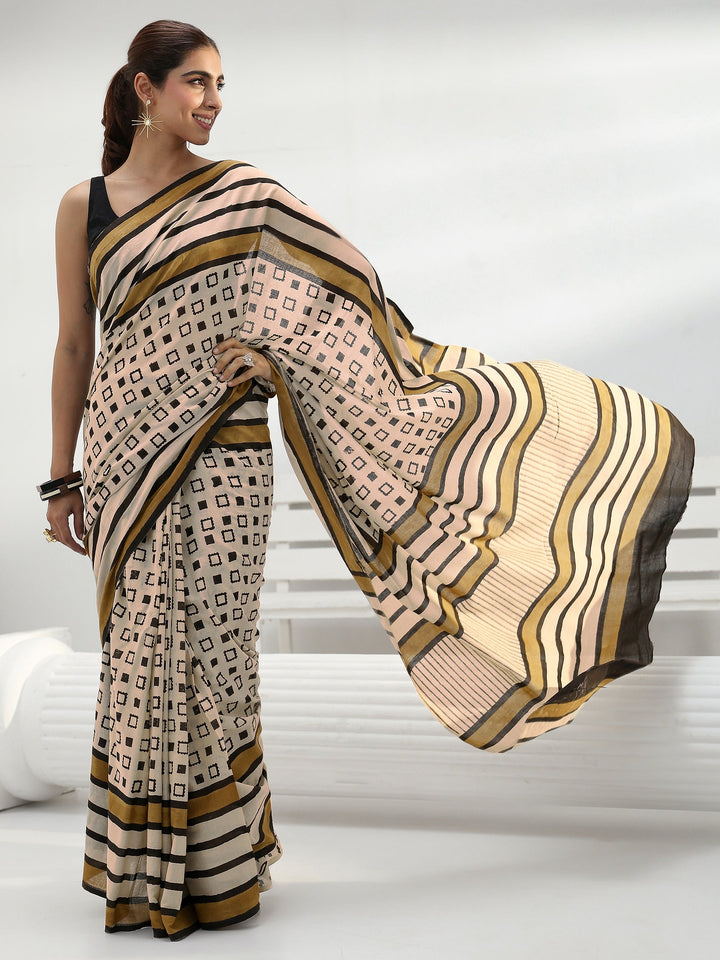 Beige Striped Cotton Saree