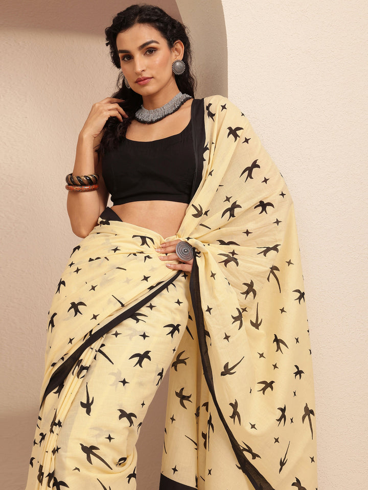Beige Printed Cotton Saree With Unstitched Blouse Piece