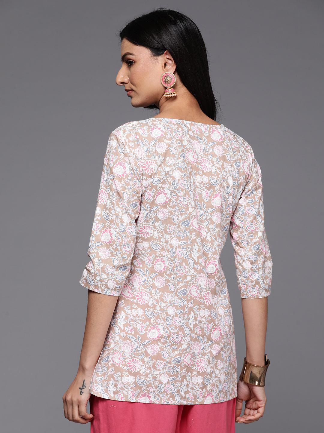 Beige Printed Cotton Straight Kurti - ShopLibas 