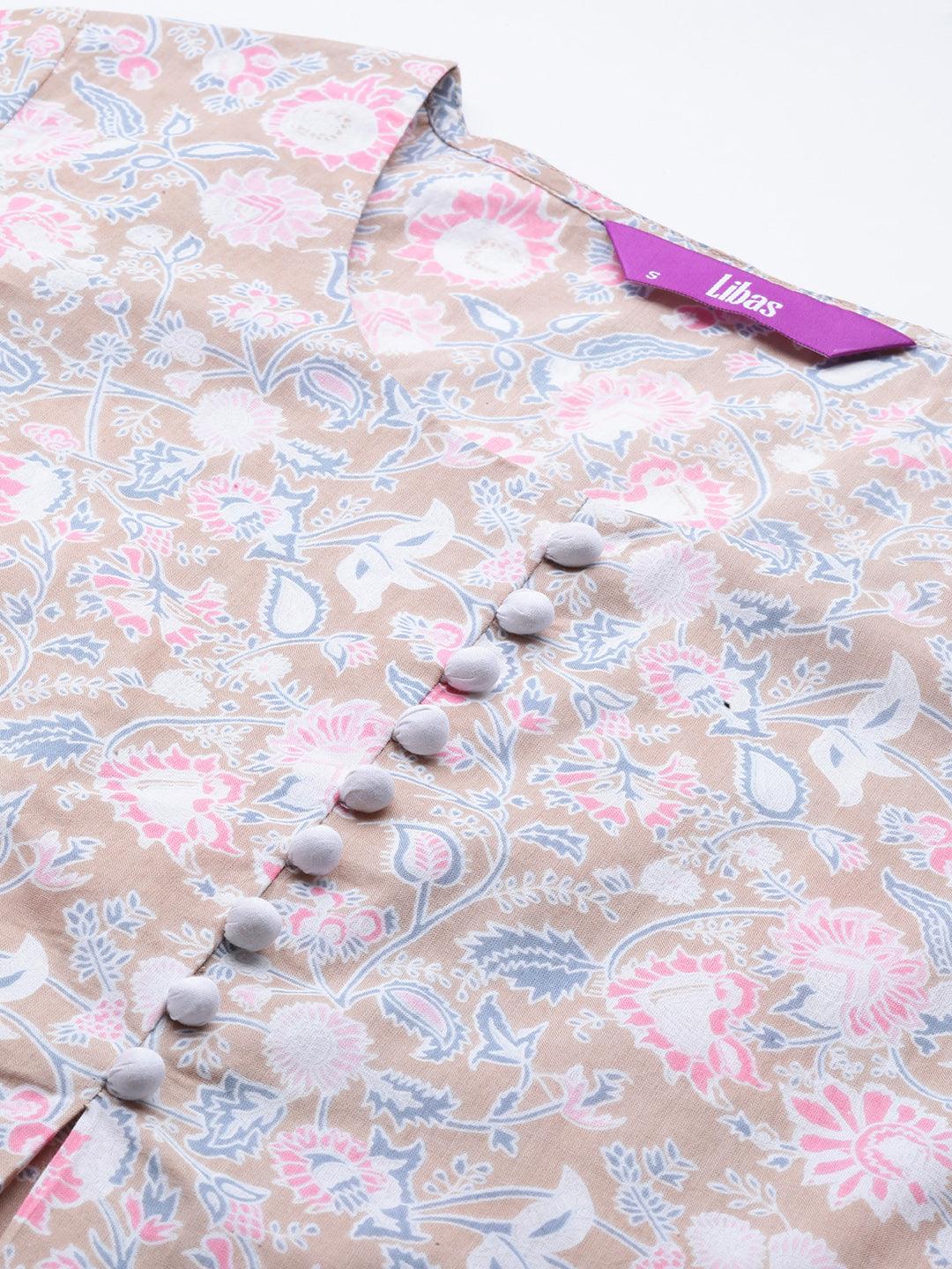 Beige Printed Cotton Straight Kurti - ShopLibas 