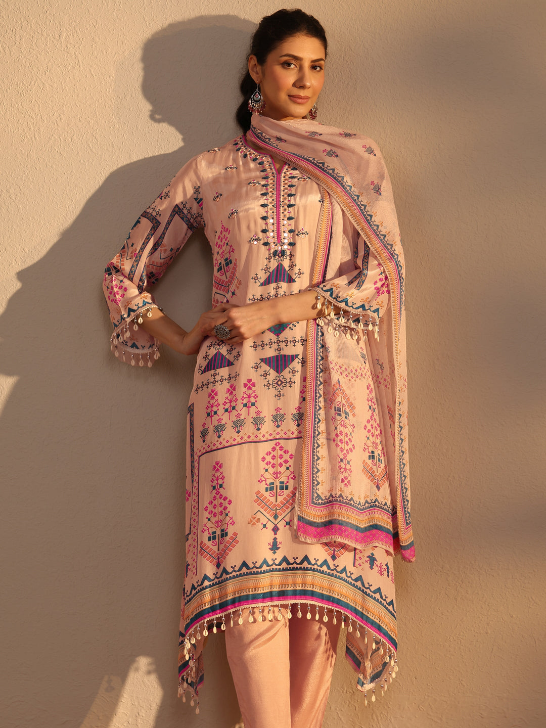 Beige Printed Crepe Straight Suit Set With Dupatta