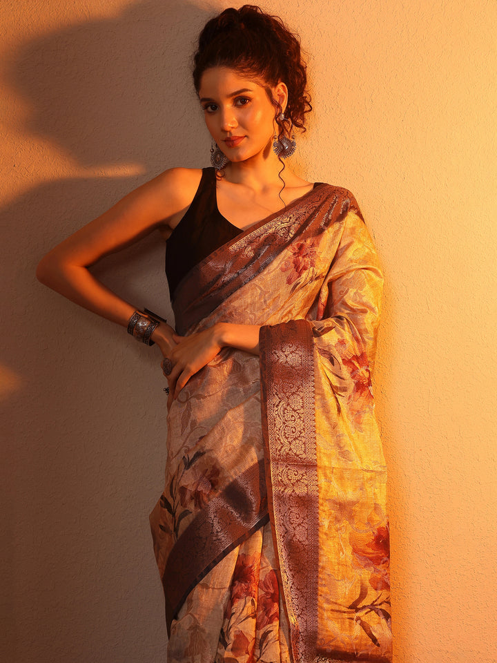 Beige Printed Silk Blend Saree With Unstitched Blouse Piece