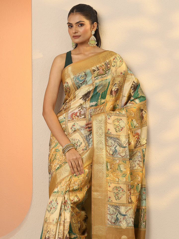 Beige Printed Silk Blend Saree With Unstitched Blouse Piece