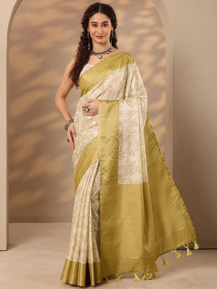 Beige Printed Silk Blend Saree With Unstitched Blouse Piece