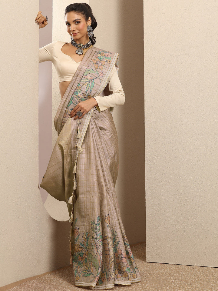 Beige Printed Silk Blend Saree With Unstitched Blouse Piece